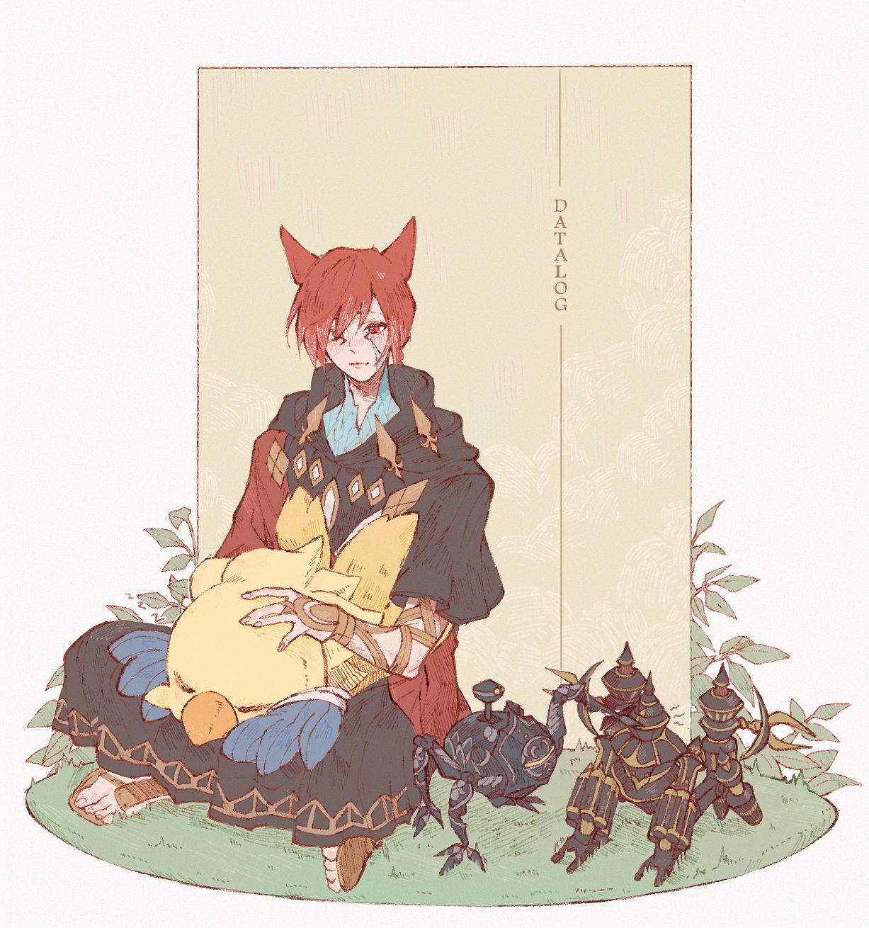 1boy alexander_(final_fantasy) alpha_(ff14) animal_ears cat_ears cloak crystal_exarch g'raha_tia highres hood hooded_cloak looking_at_viewer male_focus material_growth omega_(final_fantasy) red_eyes redhead sandals sitting solo tladpwl03