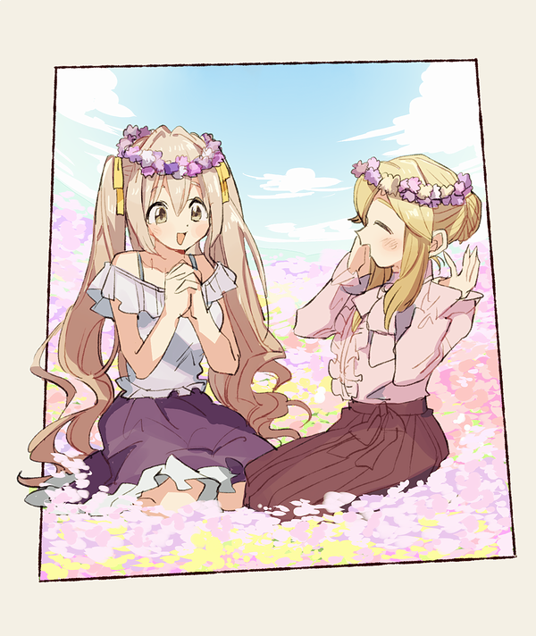 2girls bare_shoulders blonde_hair blue_shirt blue_sky blush bow braid breasts brown_eyes brown_hair brown_skirt clarice_(idolmaster) closed_eyes clouds collarbone day field flower flower_field flower_wreath frilled_shirt frills full_body hair_bow hair_ribbon hands_up idolmaster idolmaster_cinderella_girls idolmaster_cinderella_girls_starlight_stage interlocked_fingers large_breasts long_hair long_sleeves looking_at_another medium_breasts multiple_girls off-shoulder_shirt off_shoulder open_mouth outdoors own_hands_together pink_shirt pleated_skirt purple_skirt ribbon saionji_kotoka seiza shirt sidelocks sitting skirt sky smile twintails yellow_ribbon yunion_(sibujya)