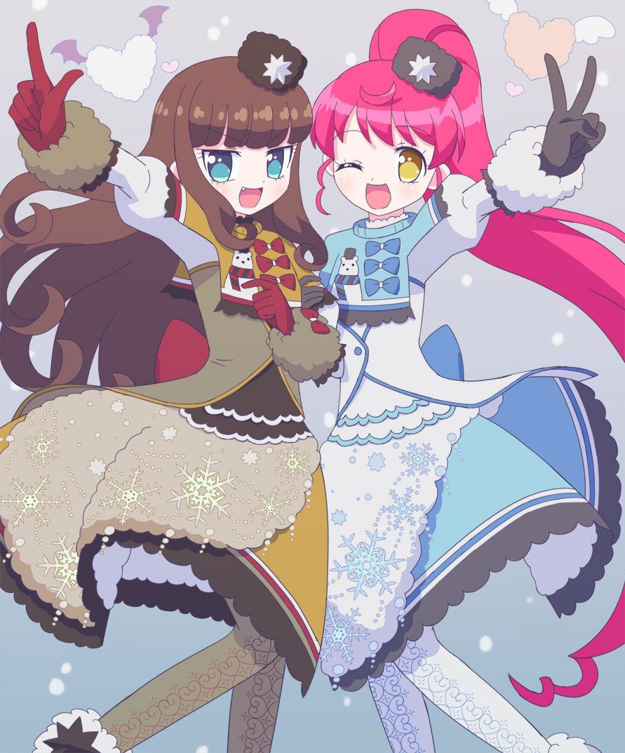 2girls :d ;d arm_up blue_coat blue_eyes brown_coat brown_gloves brown_hair brown_pantyhose coat fang feet_out_of_frame fur-trimmed_coat fur_hat fur_trim gloves hand_up hat index_finger_raised ku_(residual666) kurosu_aroma long_hair long_sleeves looking_at_viewer multiple_girls one_eye_closed open_mouth outstretched_arm pantyhose ponytail pretty_series print_pantyhose pripara red_gloves redhead shiratama_mikan smile snowflake_print standing v very_long_hair white_pantyhose winged_heart winter_clothes yellow_eyes