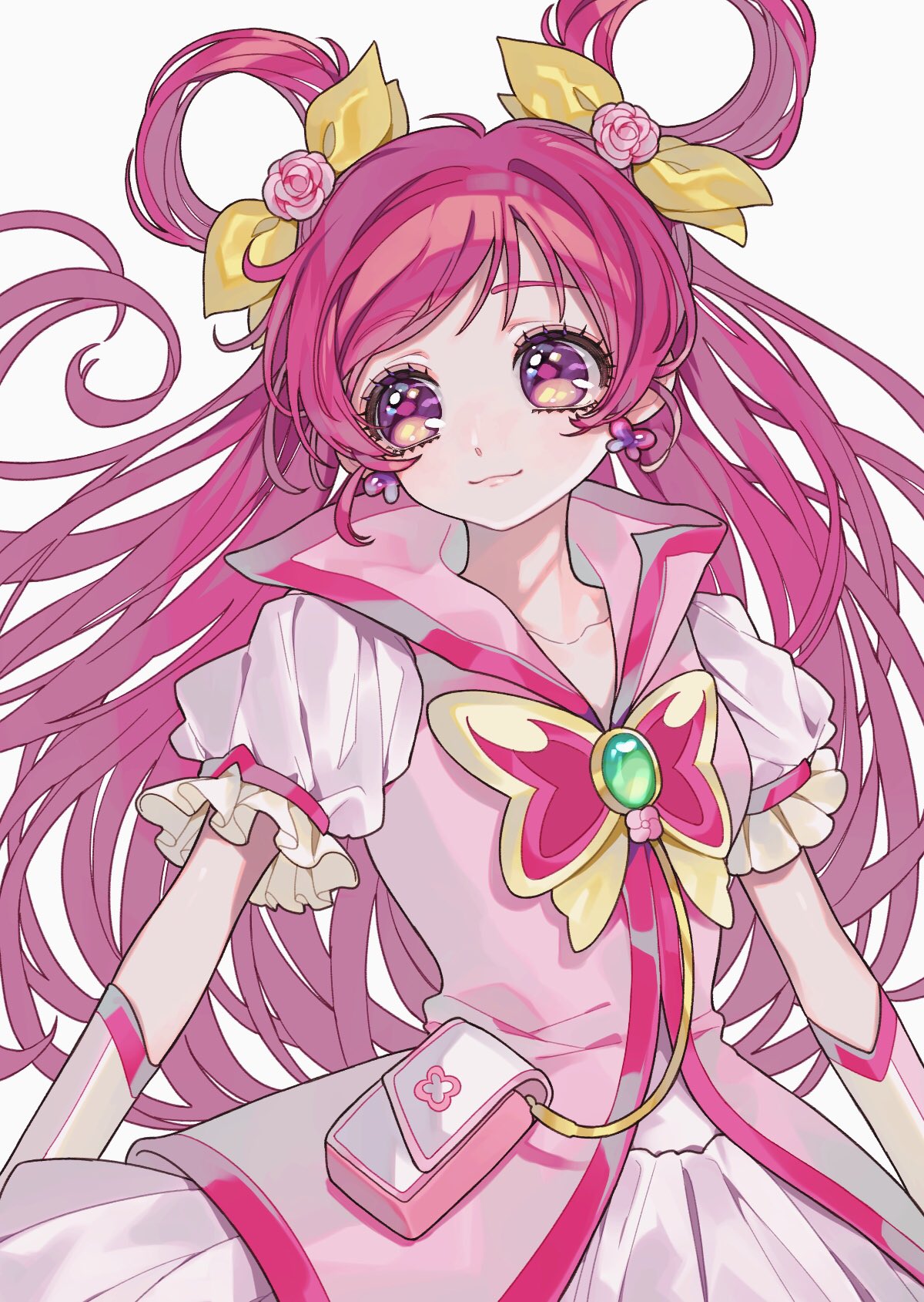 1girl ao_(ao0_0nemu) bad_id bad_twitter_id bow brooch butterfly_brooch butterfly_earrings closed_mouth commentary_request cowboy_shot cure_dream earrings flower hair_bow hair_rings highres jewelry long_hair looking_at_viewer magical_girl pink_eyes pink_flower pink_hair pink_rose precure puffy_short_sleeves puffy_sleeves rose short_sleeves smile solo violet_eyes yellow_bow yes!_precure_5 yumehara_nozomi