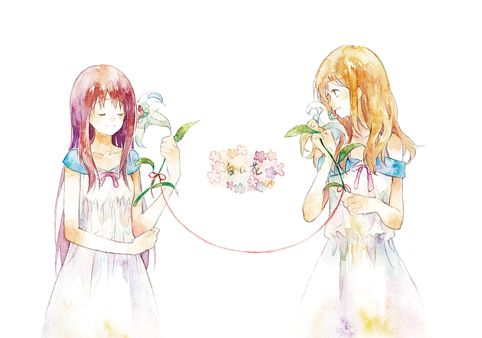 2girls bare_arms blonde_hair closed_eyes commentary_request dress flower hand_up holding holding_plant leaf lily_(flower) long_hair looking_at_another moekon multiple_girls original painting_(medium) parted_lips plant profile redhead sidelocks simple_background standing string string_of_fate traditional_media watercolor_(medium) white_background white_dress white_flower yuri
