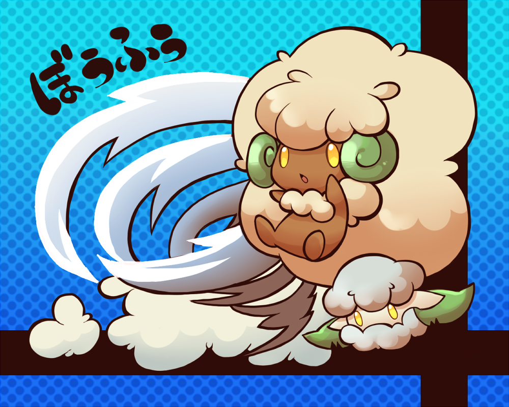 animal_focus blue_background clouds commentary_request cottonee evolutionary_line full_body kotorai looking_ahead no_humans no_nose open_mouth pokemon pokemon_(creature) polka_dot polka_dot_background translation_request whimsicott wind yellow_eyes
