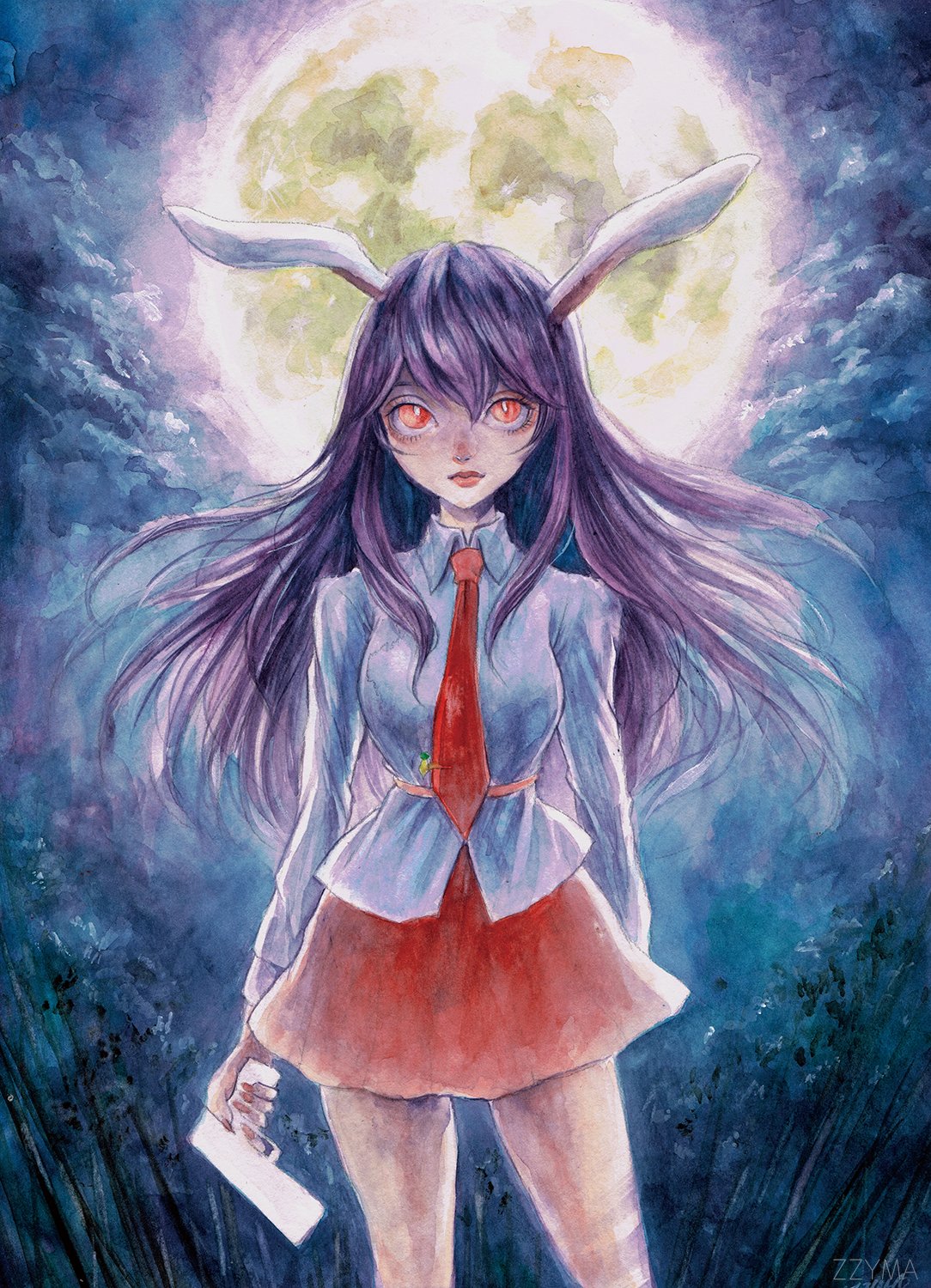 1girl animal_ears bamboo bamboo_forest breasts bright_pupils clouds cloudy_sky collared_shirt forest full_moon gun hair_between_eyes handgun highres holding holding_gun holding_weapon johnalay leaf long_hair long_sleeves looking_at_viewer moon nail_polish nature necktie night night_sky painting_(medium) purple_hair rabbit_ears rabbit_girl red_eyes red_nails red_necktie red_skirt reisen_udongein_inaba shirt skirt sky sleeves_past_wrists slit_pupils touhou traditional_media weapon white_fur white_pupils white_shirt