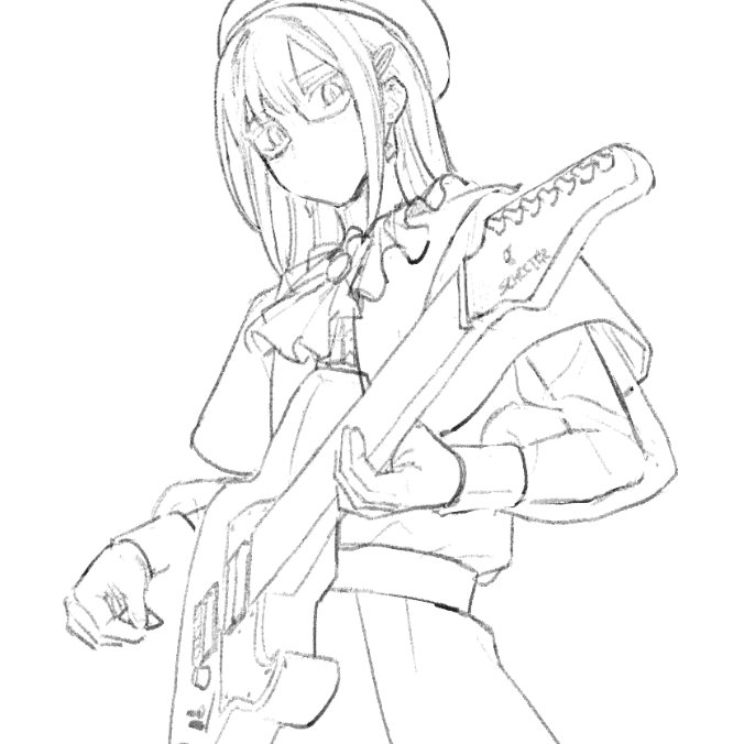 1girl ascot bang_dream! bang_dream!_it's_mygo!!!!! beret cowboy_shot greyscale guitar hat holding holding_guitar holding_instrument holding_plectrum instrument long_sleeves looking_at_viewer mask monochrome mouth_mask nininikal plectrum see-through see-through_sleeves simple_background solo wakaba_mutsumi white_background
