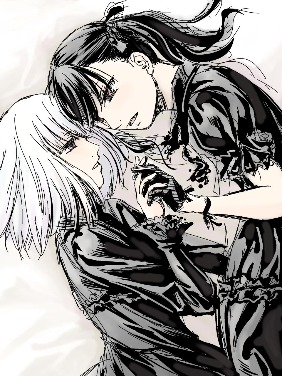 2girls black_dress black_gloves commentary_request dress fangs gloves highres holding_hands interlocked_fingers long_hair long_sleeves looking_at_another medium_hair multiple_girls original parted_lips short_sleeves takekawa_shin twintails upper_body white_hair yuri