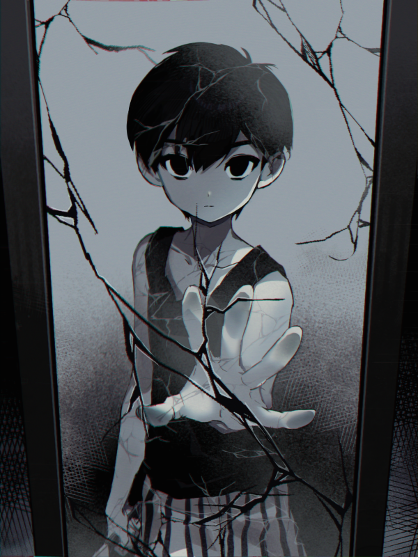 1boy against_glass antenna_hair arm_at_side bare_arms black_eyes black_hair black_shorts black_tank_top child closed_mouth collarbone colored_skin crack cracked_glass foreshortening glass hair_behind_ear hair_between_eyes looking_at_viewer no_pupils omori omori_(omori) shionty short_hair shorts sleeveless solo striped_clothes striped_shorts tank_top vertical-striped_clothes vertical-striped_shorts white_shorts white_skin