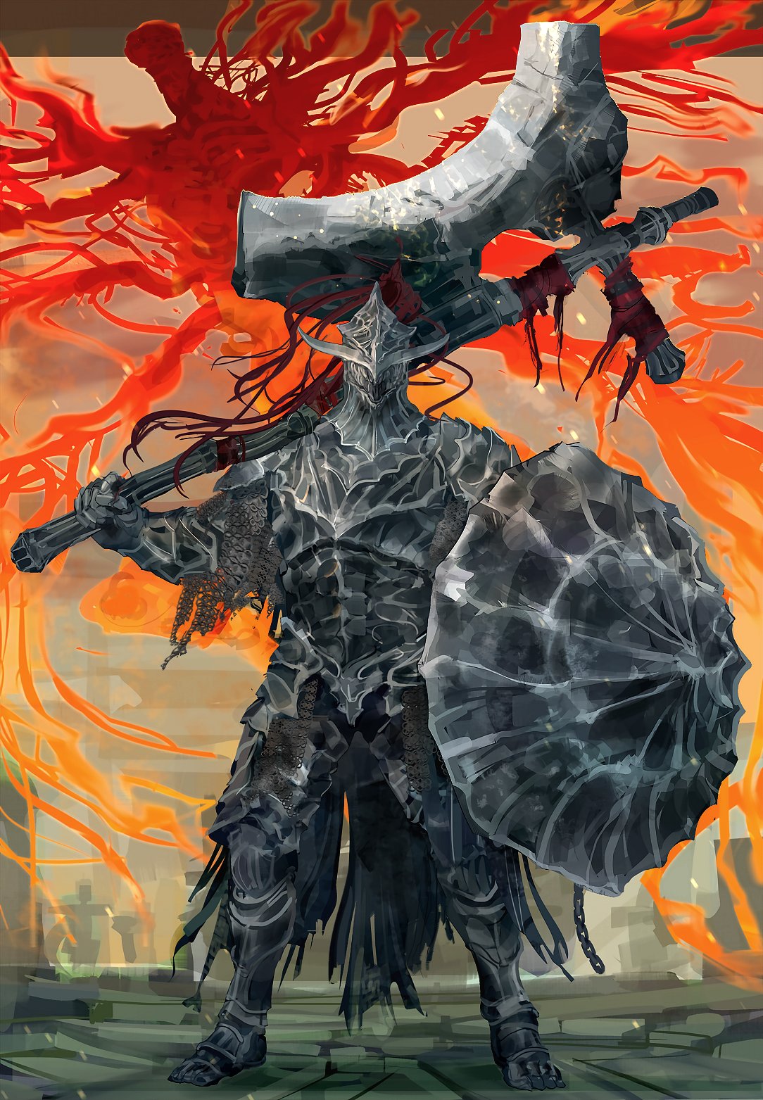armor axe chain chainmail dark_souls_(series) dark_souls_iii dragonslayer_armour fake_horns full_armor helmet highres holding holding_axe holding_shield horned_helmet horns looking_at_viewer nslacka over_shoulder plume shield weapon weapon_over_shoulder