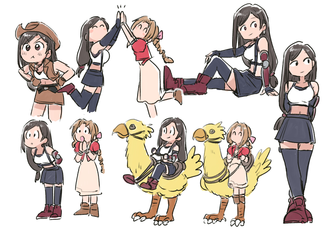 2girls arms_behind_back bangle bare_shoulders bird black_bra black_hair black_thighhighs blush boots bra bracelet braid braided_ponytail breasts brown_eyes brown_footwear brown_gloves brown_hair brown_skirt brown_vest chibi chocobo closed_eyes cowboy_hat crop_top cropped_jacket cropped_vest dress elbow_gloves final_fantasy final_fantasy_vii final_fantasy_vii_rebirth final_fantasy_vii_remake fingerless_gloves furrowed_brow gloves hair_ribbon hand_on_own_knee hands_on_own_hips hat high_five holding holding_reins jacket jewelry leaning_forward leather_skirt leather_vest long_dress long_hair looking_to_the_side low-tied_long_hair medium_breasts midriff minion_2_(zannen_onna-kanbu_black_general-san) multiple_girls official_alternate_costume open_mouth own_hands_together parted_bangs pink_dress pink_ribbon puffy_short_sleeves puffy_sleeves red_jacket reins ribbon riding riding_bird shirt short_sleeves single_braid sitting skirt sports_bra standing standing_on_one_leg suspenders swept_bangs thigh-highs tifa_lockhart tifa_lockhart_(cowgirl) tsubobot underwear vest white_background white_shirt
