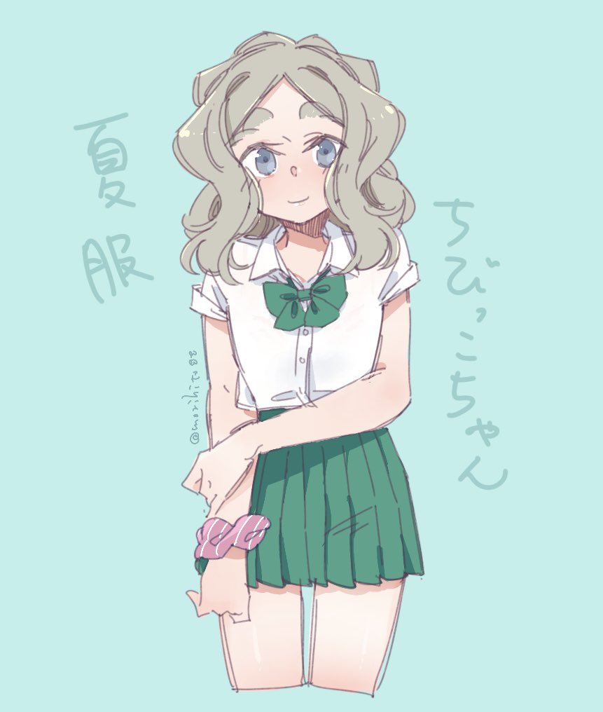 1girl blue_background blue_eyes blush bow bowtie breasts chibikko_(morihito) cropped_legs flat_chest green_bow green_bowtie grey_hair looking_at_viewer medium_breasts miniskirt morihito original pleated_skirt school_uniform scrunchie shirt short_sleeves simple_background skirt smile solo thick_eyebrows white_shirt wrist_scrunchie