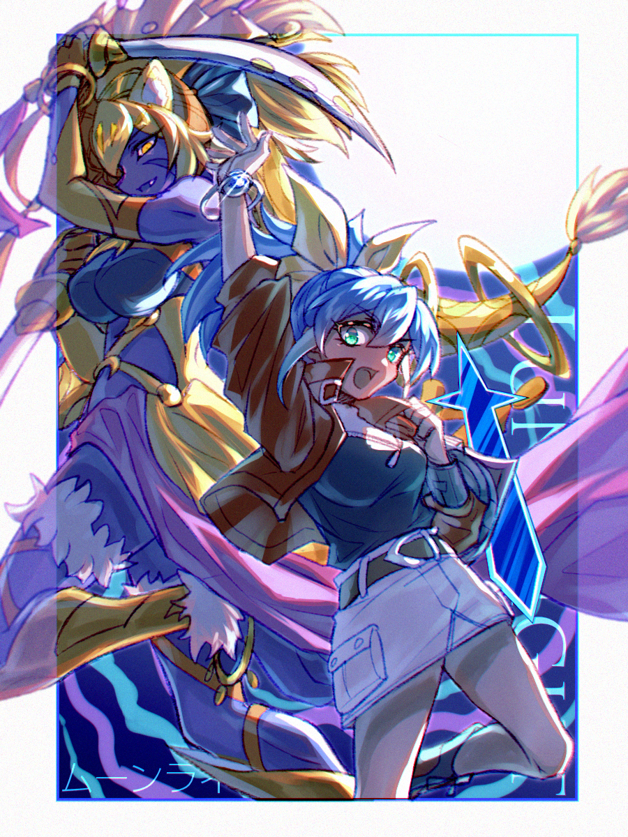 1girl arm_up belt black_shirt blue_border blue_hair border bracelet breasts colored_skin duel_disk duel_monster fang furry furry_female green_eyes hair_between_eyes hair_ribbon highres holding holding_sword holding_weapon jacket jewelry large_breasts light_blue_hair lunalight_sabre_dancer miniskirt multicolored_hair open_clothes open_jacket open_mouth ponytail purple_hair red_jacket ribbon serena_(yu-gi-oh!) shirt skirt streaked_hair sword two-tone_hair udoshiyo weapon white_background yellow_eyes yellow_ribbon yu-gi-oh! yu-gi-oh!_arc-v