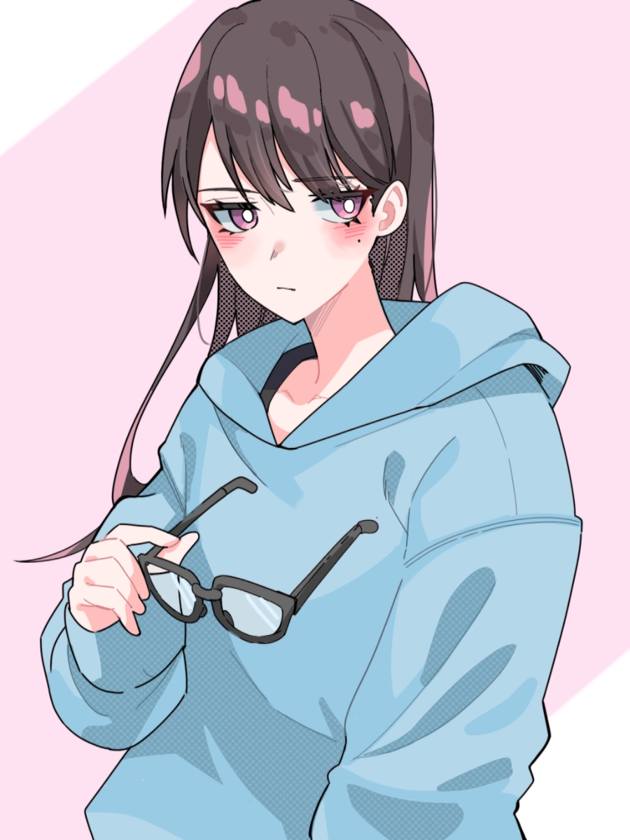 1girl bang_dream! bang_dream!_it's_mygo!!!!! blue_hoodie blush bright_pupils brown_hair closed_mouth commentary_request glasses highres holding holding_removed_eyewear hood hoodie long_hair looking_at_viewer mole mole_under_eye nanami_(nunnun_0410) pink_background pink_eyes shiina_taki solo two-tone_background unworn_eyewear upper_body white_background white_pupils