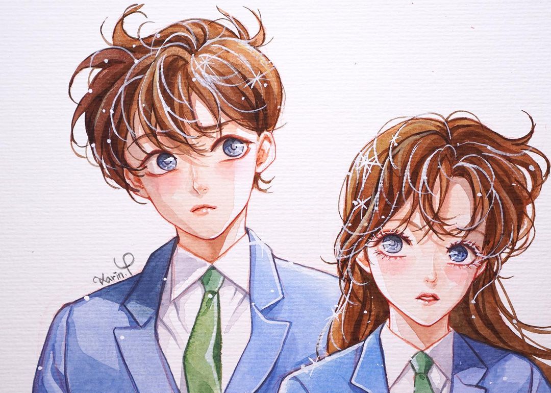 1boy 1girl artist_name bad_source blue_eyes blue_jacket brown_hair closed_mouth collared_shirt commentary_request english_commentary eyelashes green_necktie hair_between_eyes jacket karin_park korean_commentary kudou_shin'ichi long_hair looking_to_the_side meitantei_conan mixed-language_commentary mouri_ran necktie painting_(medium) parted_lips school_uniform shirt short_hair simple_background traditional_media watercolor_(medium) white_shirt