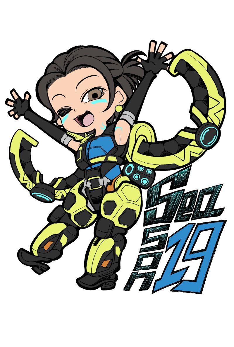 1girl apex_legends armpits black_gloves black_hair blue_tank_top brown_eyes chibi conduit_(apex_legends) elbow_gloves exoskeleton fingerless_gloves gloves hair_behind_ear lich_cha looking_at_viewer one_eye_closed short_hair simple_background smile solo tank_top white_background