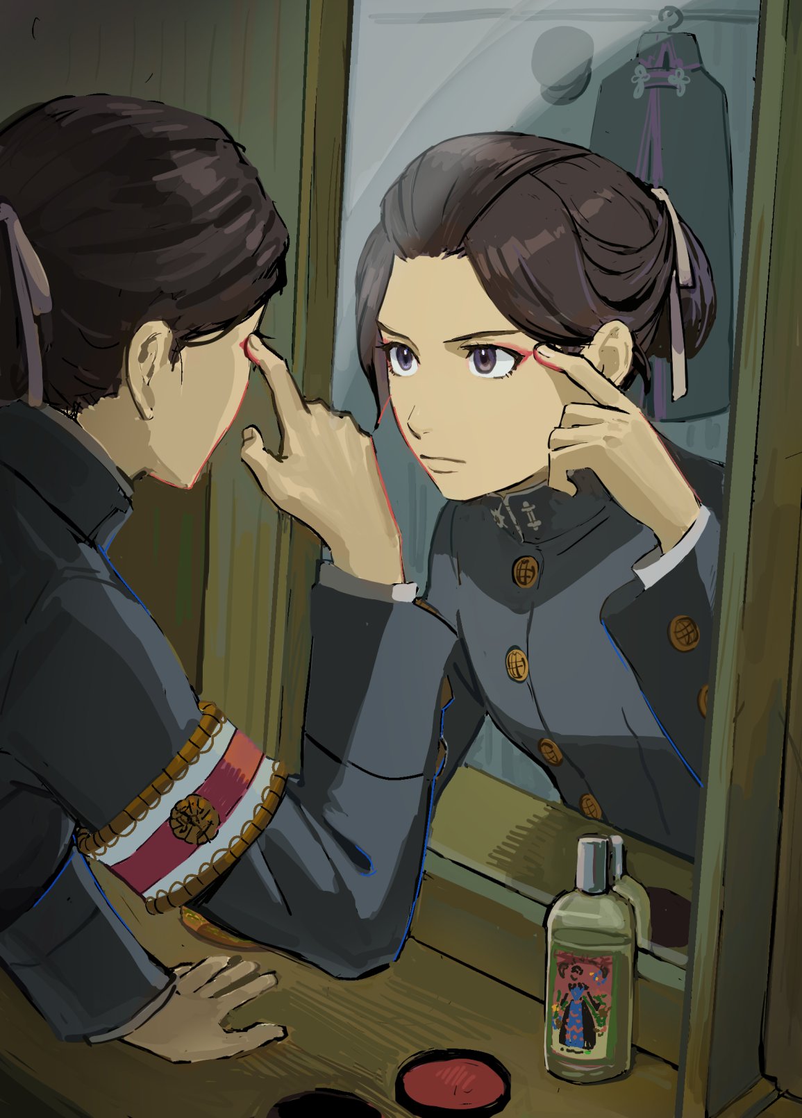 0shlkatsu 1girl ace_attorney applying_makeup black_suit brown_eyes brown_hair buttons closed_mouth commentary_request eyeshadow highres indoors looking_at_mirror makeup mirror red_eyeshadow reflection short_hair suit susato_mikotoba the_great_ace_attorney the_great_ace_attorney_2:_resolve