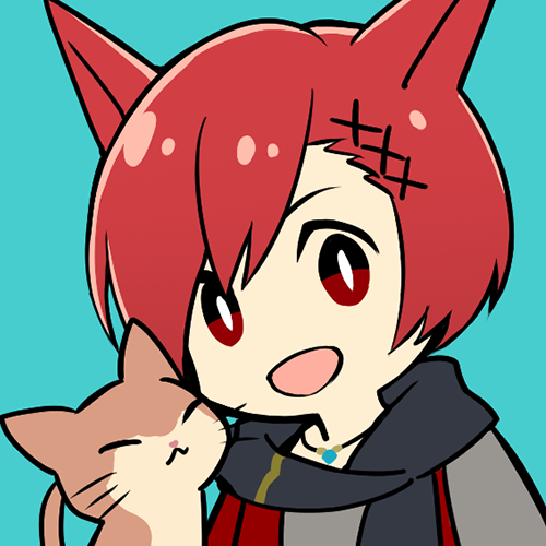 1boy :d animal_ears aqua_background black_scarf cat cat_boy cat_ears chibi chibi_only final_fantasy final_fantasy_xiv g'raha_tia jewelry looking_at_viewer lowres male_focus miqo'te morumoru_(kuromrmr) necklace portrait red_eyes redhead scarf short_hair smile solo
