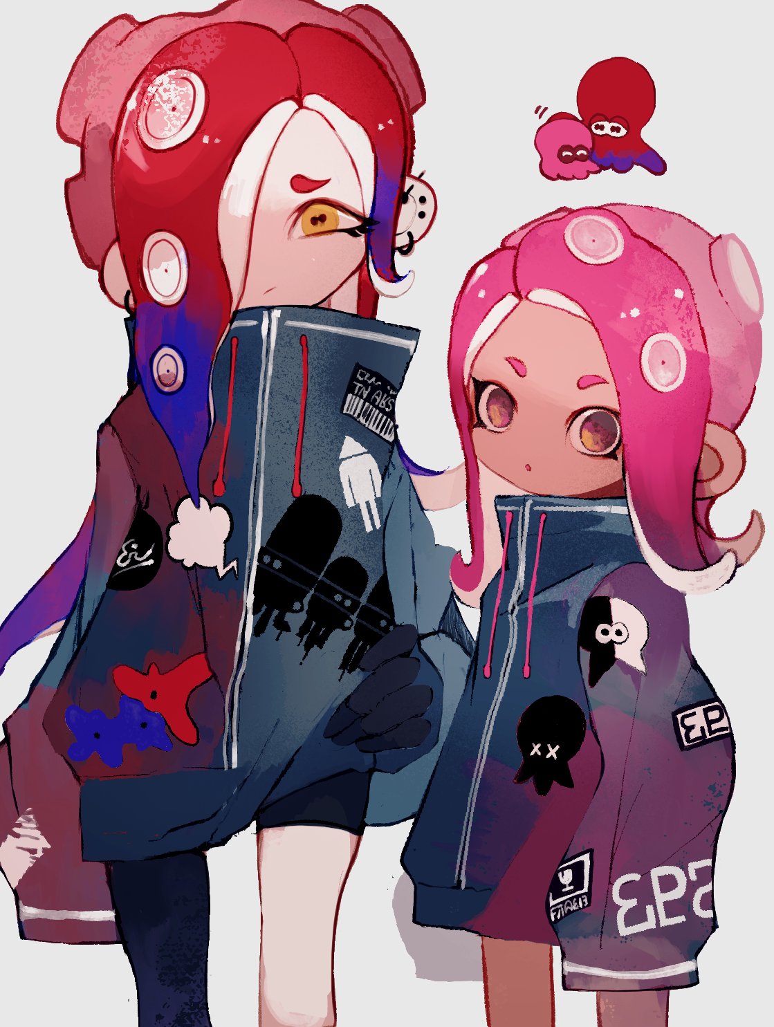 2girls agent_8_(splatoon) blue_hair cephalopod_eyes closed_mouth commentary_request dedf1sh ear_piercing earrings gradient_hair hair_over_one_eye highres hoop_earrings jewelry li04r long_hair looking_at_viewer medium_hair multicolored_hair multiple_girls octoling octoling_girl octoling_player_character octopus open_mouth piercing pink_hair raincoat redhead simple_background sleeves_past_fingers sleeves_past_wrists splatoon_(series) splatoon_2 splatoon_2:_octo_expansion splatoon_3 splatoon_3:_side_order standing tentacle_hair thick_eyebrows two-tone_hair white_background yellow_eyes
