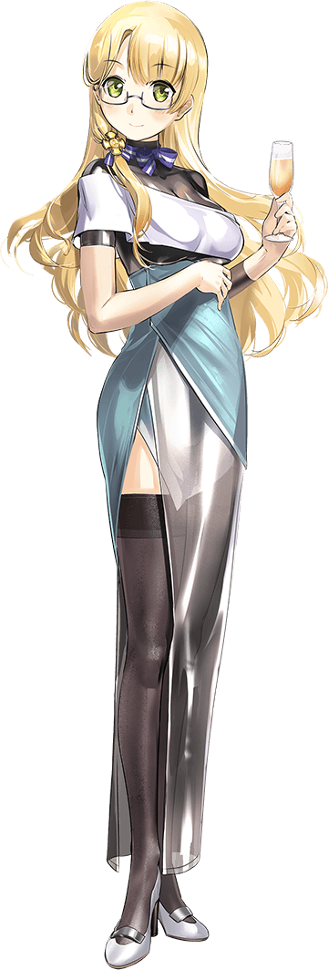 1girl blonde_hair breasts cocktail_glass cup dress drinking_glass full_body glasses green_eyes holding holding_cup kantai_collection large_breasts long_hair northampton_(kancolle) official_art semi-rimless_eyewear solo thigh-highs white_dress zeco