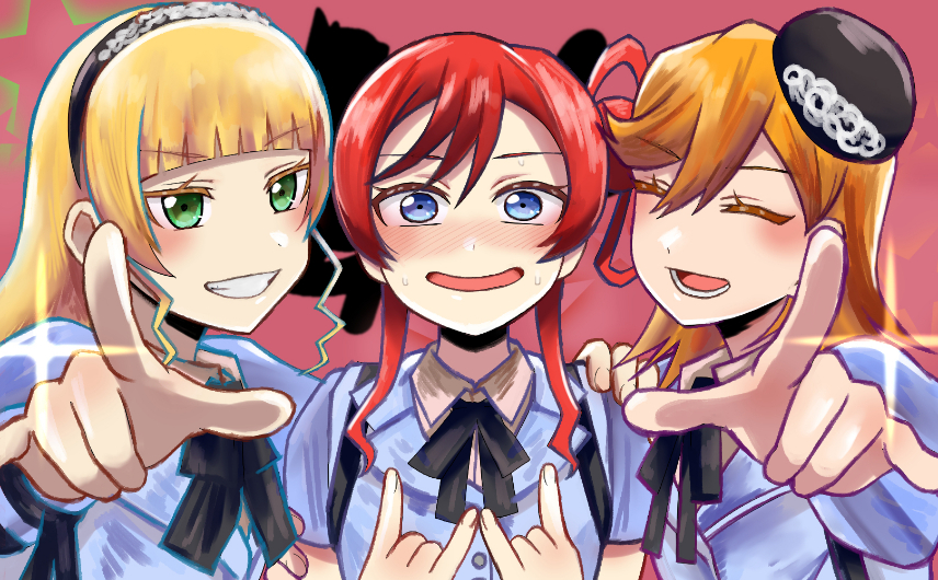 3girls \m/ beret black_hat black_ribbon blonde_hair blue_eyes blue_jacket blunt_bangs catchu!_(love_live!) closed_eyes coco_apollon commentary facing_viewer green_eyes hair_bun hand_on_another's_shoulder hat heanna_sumire jacket jump_into_the_new_world looking_at_viewer love_live! love_live!_superstar!! medium_hair multiple_girls neck_ribbon open_mouth orange_hair red_background redhead ribbon shibuya_kanon sidelocks single_side_bun smile upper_body v-shaped_eyebrows yoneme_mei