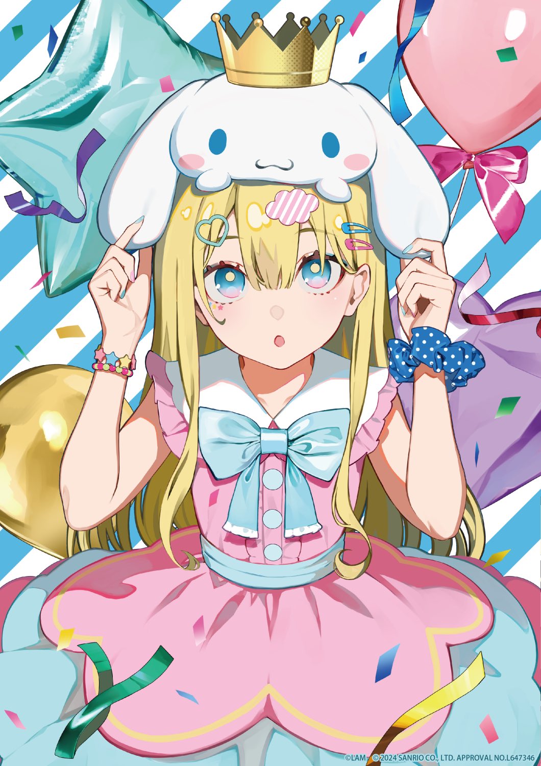 1girl :o blonde_hair blue_bow blue_eyes blue_nails blue_scrunchie bow character_request collared_dress confetti crown dress hair_between_eyes hair_ornament hairclip heart heart_hair_ornament highres lam_(ramdayo) long_hair mini_crown multicolored_nails nail_polish on_head original parted_lips pink_dress pink_nails polka_dot polka_dot_scrunchie rabbit sanrio scrunchie star_balloon striped_background very_long_hair