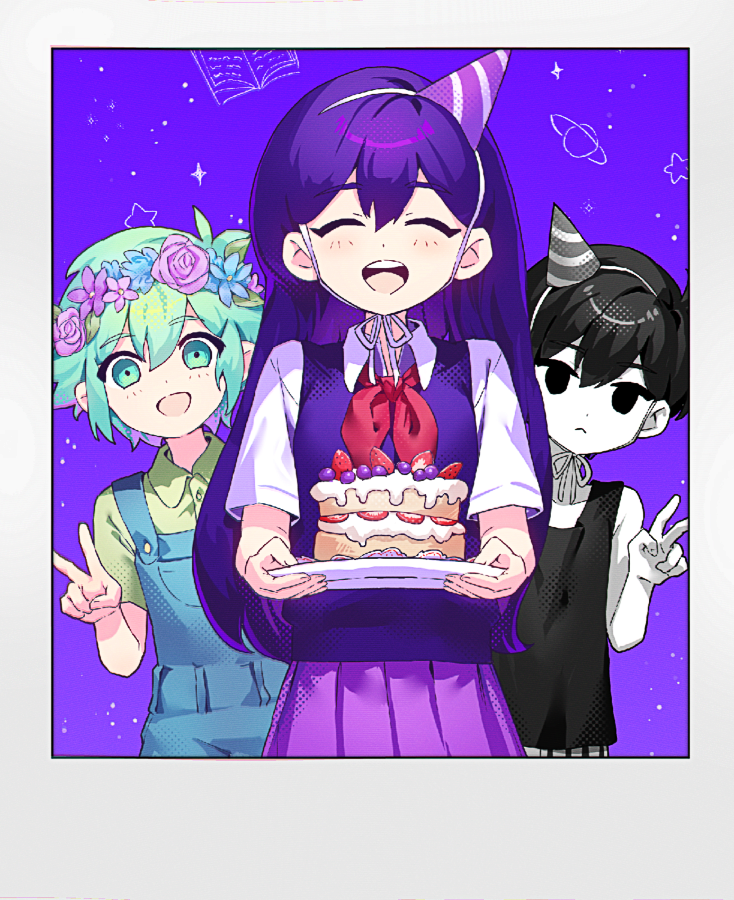 1girl 2boys antenna_hair aqua_eyes aqua_hair bare_arms basil_(headspace)_(omori) basil_(omori) black_eyes black_hair black_shorts black_tank_top blue_flower blue_overalls blueberry brother_and_sister buttons cake child closed_eyes closed_mouth collarbone collared_shirt colored_skin expressionless flower food fruit green_shirt grey_headwear hair_behind_ear hair_between_eyes happy_birthday hat head_wreath holding holding_plate long_hair looking_at_viewer mari_(headspace)_(omori) mari_(omori) multiple_boys neckerchief no_pupils omori omori_(omori) open_mouth outdoors overalls party_hat pink_flower plate purple_flower purple_hair purple_headwear purple_skirt purple_sky purple_sweater_vest red_neckerchief shionty shirt short_hair short_sleeves shorts siblings skirt sky sleeveless smile strawberry strawberry_slice striped_clothes striped_headwear striped_shorts sweater_vest tank_top teeth upper_teeth_only v vertical-striped_clothes vertical-striped_shorts white_shirt white_shorts white_skin