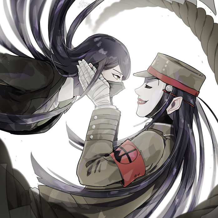 2boys armband bandaged_hand bandages black_hair black_jacket black_mask black_sleeves blunt_ends collared_jacket collared_shirt commentary_request covered_face cowboy_shot danganronpa_(series) danganronpa_v3:_killing_harmony floating_hair from_side gakuran green_hat green_jacket green_necktie green_sleeves hand_on_another's_cheek hand_on_another's_face hat jacket lipstick long_hair long_sleeves looking_at_another makeup male_focus mask mouth_mask multiple_boys necktie peaked_cap red_armband rope school_uniform shinguji_korekiyo shirt simple_background straight_hair u_u_ki_u_u upper_body white_background white_mask white_shirt yellow_eyes
