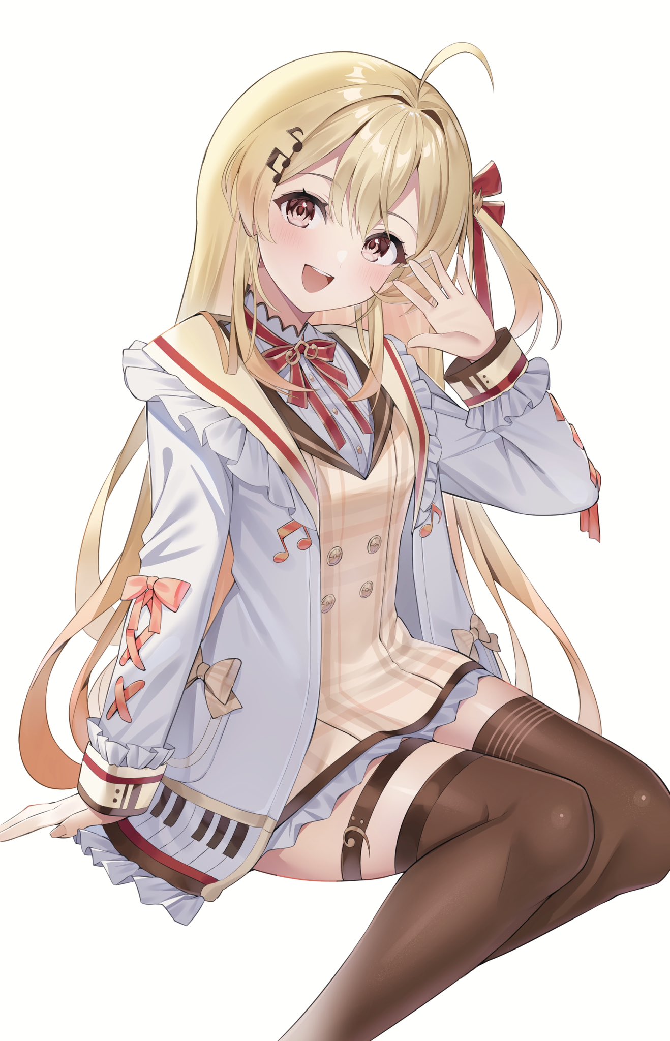 1girl :d ahoge blonde_hair blush brown_dress brown_thighhighs commentary double-parted_bangs dress feet_out_of_frame frilled_dress frilled_jacket frills hair_between_eyes hair_ornament hair_ribbon highres hololive hololive_dev_is jacket legs_together long_hair looking_at_viewer musical_note musical_note_hair_ornament neck_ribbon one_side_up open_clothes open_jacket open_mouth otonose_kanade piano_keys piano_print plaid plaid_dress red_eyes red_ribbon ribbon rykysd sailor_collar short_dress simple_background sitting smile solo teeth thigh-highs thigh_strap upper_teeth_only virtual_youtuber waving white_background white_jacket