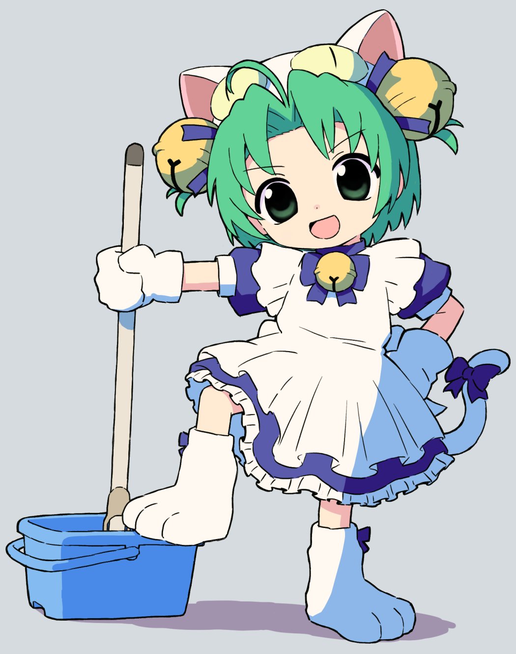 1girl ahoge animal_hat apron bell blue_bow blue_dress bow bucket captain_morgan_pose cat_hat cat_tail commentary_request curtained_hair dejiko di_gi_charat dress full_body gloves green_eyes green_hair grey_background hair_bell hair_ornament hand_on_own_hip hat head_tilt highres holding holding_mop jingle_bell looking_at_viewer maid maid_apron mop neck_bell nezutako paw_shoes puffy_short_sleeves puffy_sleeves short_hair short_sleeves smile solo standing tail tail_bow tail_ornament two_side_up v-shaped_eyebrows white_apron white_gloves