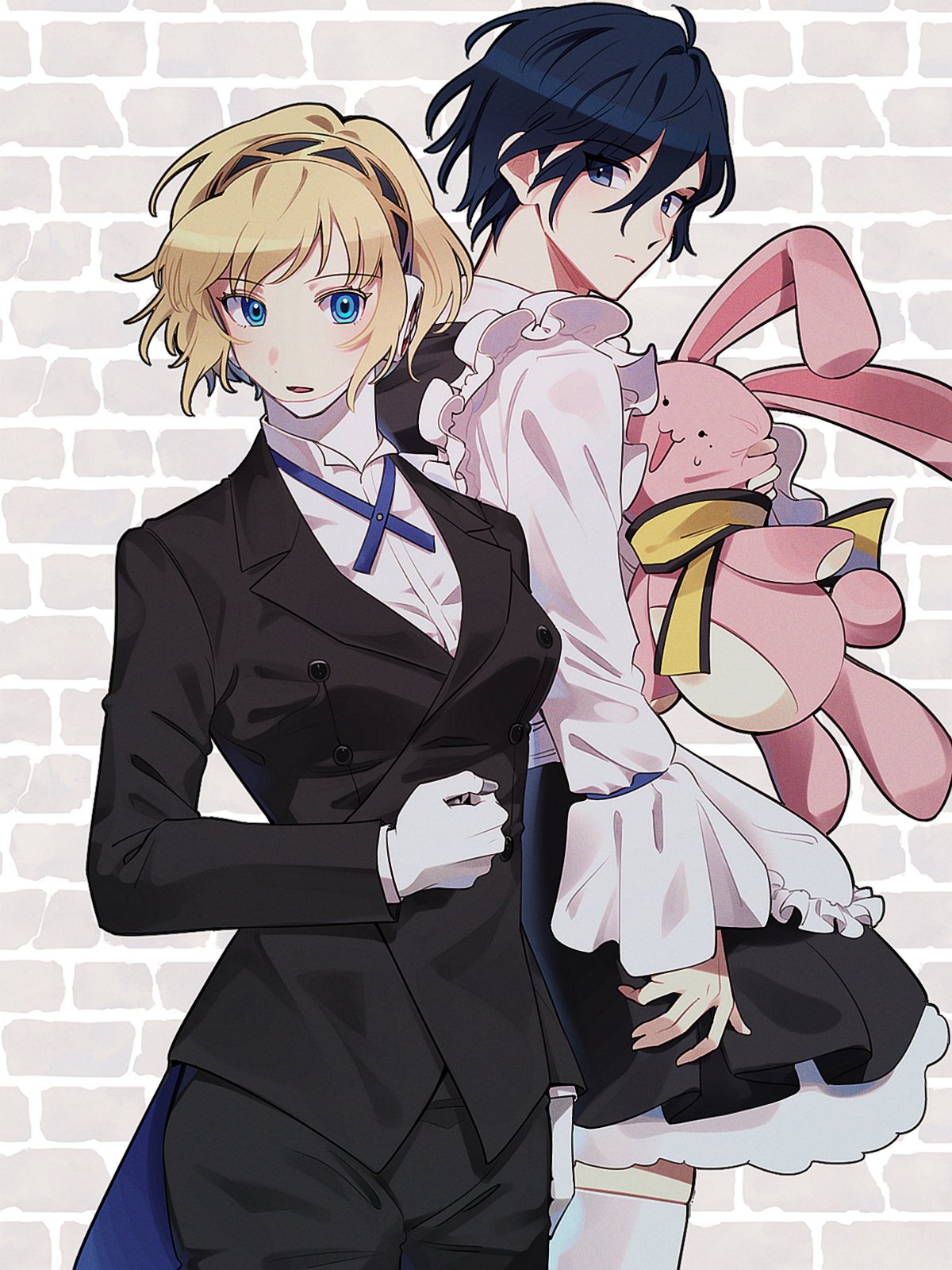 1boy 1girl aegis_(persona) apron arm_at_side black_coat black_dress black_pants blonde_hair blue_eyes blue_hair blue_necktie blush bolo_tie butler closed_mouth coat coattails collared_shirt crossdressing dress elulit2 female_butler frilled_apron frilled_sleeves frills grey_background hair_between_eyes highres holding holding_stuffed_toy hugging_object lapels long_sleeves looking_at_viewer maid maid_apron male_maid necktie notched_lapels open_mouth pants persona persona_3 petticoat scarf shirt short_hair simple_background skindentation standing stuffed_animal stuffed_rabbit stuffed_toy sweat thigh-highs two-tone_background white_apron white_background white_shirt white_thighhighs wide_sleeves wing_collar yellow_scarf yuuki_makoto_(persona_3)