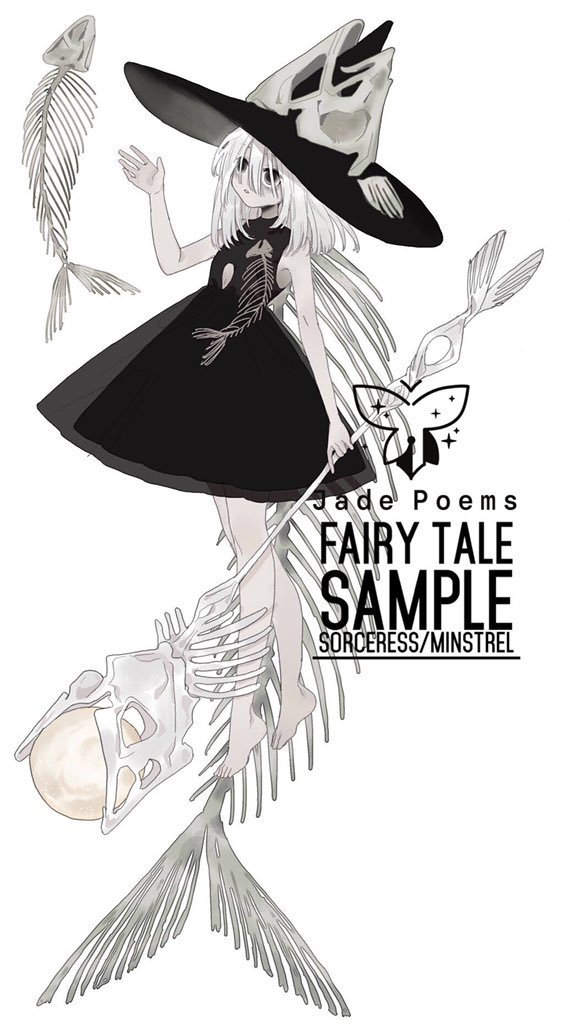bags_under_eyes bare_arms bare_legs bare_shoulders barefoot bity3155660241 black_dress black_eyes black_headwear blunt_ends chinese_commentary clothing_cutout commentary_request dress empty_eyes english_text fish_skeleton fish_skeleton_hat_ornament hair_between_eyes hat hat_ornament holding holding_staff looking_up medium_hair navel original outstretched_hand parted_lips short_dress simple_background sleeveless sleeveless_dress staff stomach_cutout toes watermark white_background white_hair wide_brim witch_hat