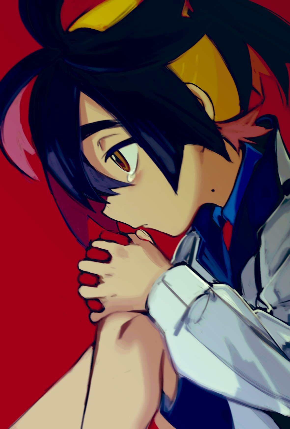 1boy black_hair blue_shirt closed_mouth collared_shirt from_side gloves hair_between_eyes hairband highres ieiieiiei jacket kieran_(pokemon) long_sleeves male_focus multicolored_hair orange_eyes own_hands_together pokemon pokemon_sv profile red_background redhead shirt shorts simple_background single_glove solo tears white_jacket
