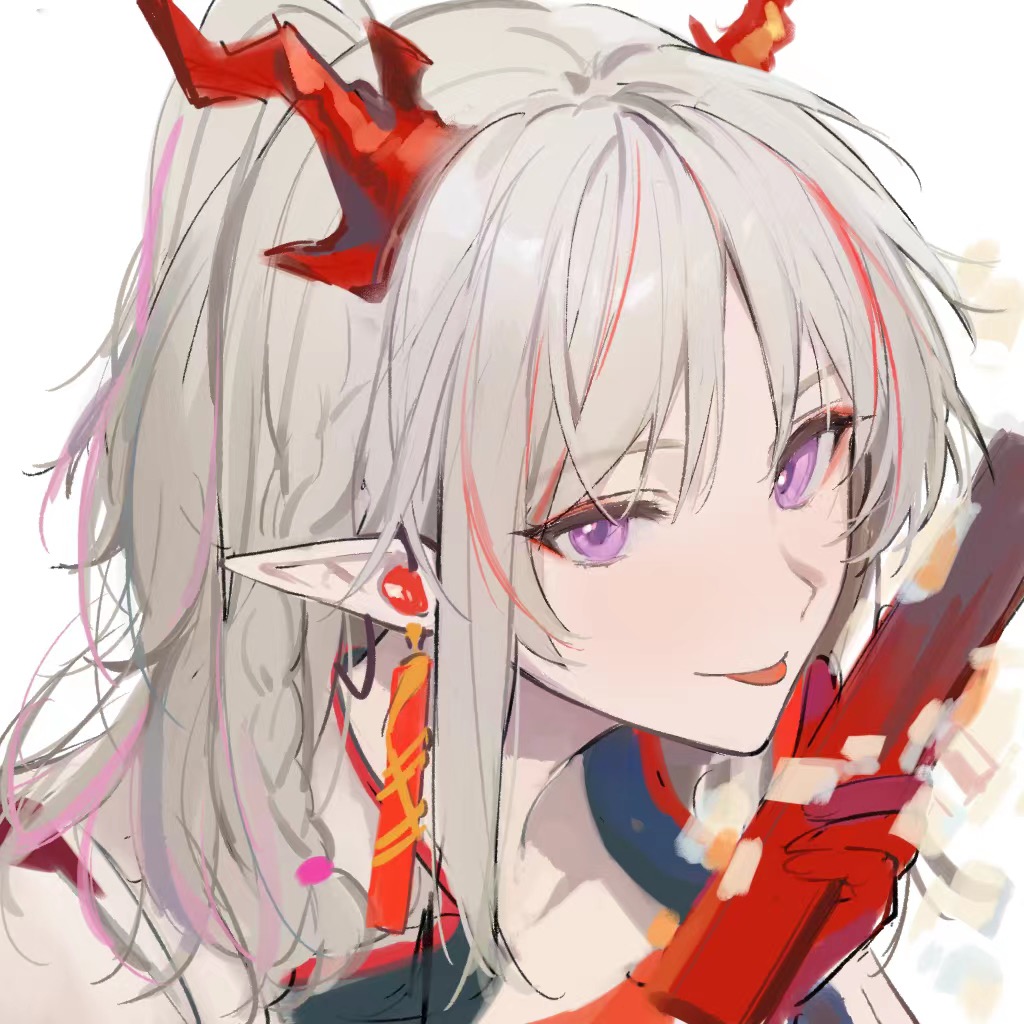 1girl :p arknights chinese_commentary close-up commentary_request dragon_girl dragon_horns earrings grey_hair horns jewelry long_hair looking_at_viewer multicolored_hair nian_(arknights) pink_eyes pink_hair pointy_ears portrait redhead shishan979_(seleneebai) simple_background sketch smile solo streaked_hair tongue tongue_out white_background