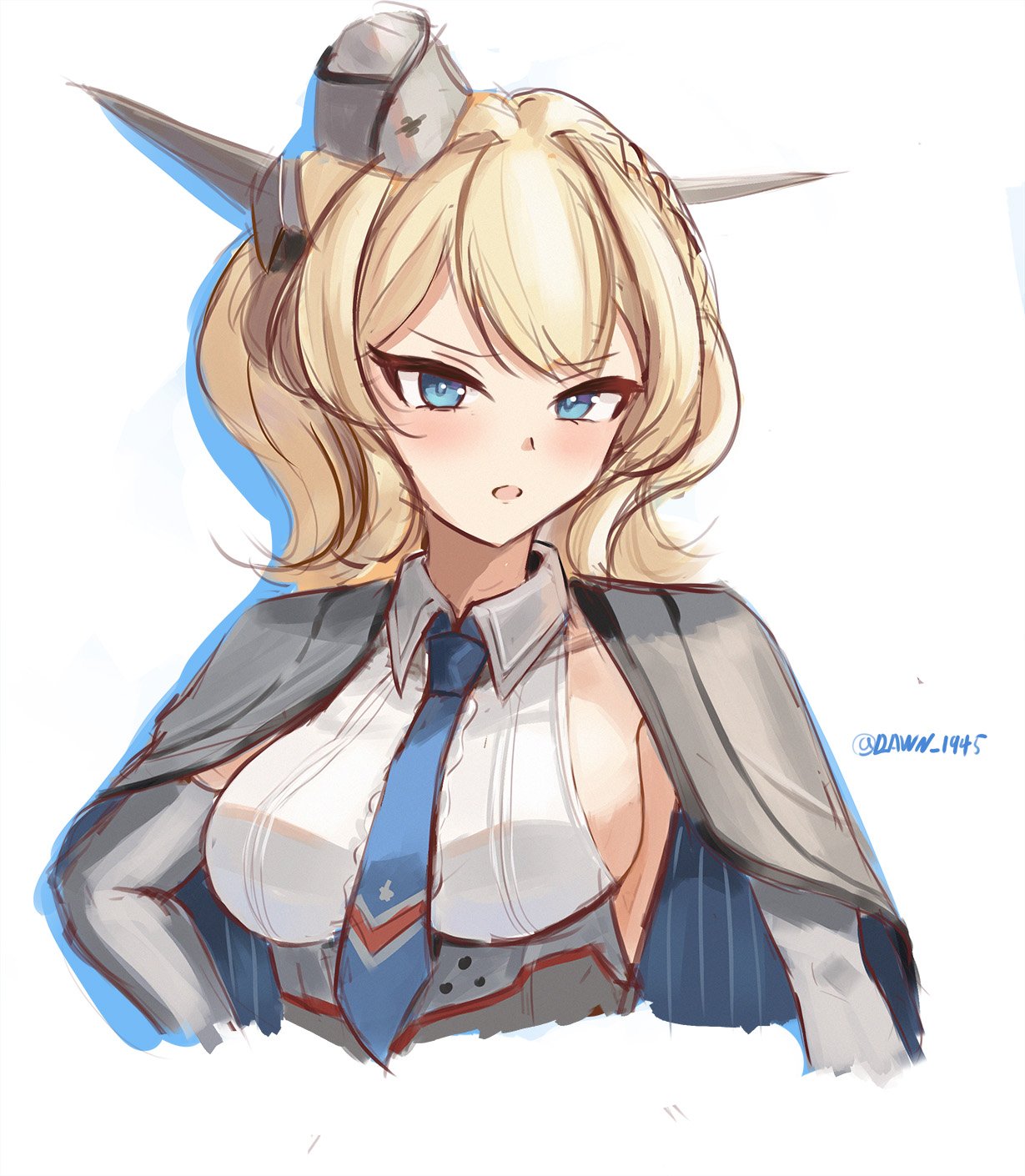 1girl blonde_hair blue_eyes blue_necktie braid breasts capelet collared_shirt colorado_(kancolle) cropped_torso dawn_1945 dress_shirt elbow_gloves garrison_cap gloves grey_capelet grey_hat hat headgear highres kantai_collection large_breasts necktie one-hour_drawing_challenge shirt short_hair side_braids sideless_shirt simple_background solo twitter_username white_background white_shirt