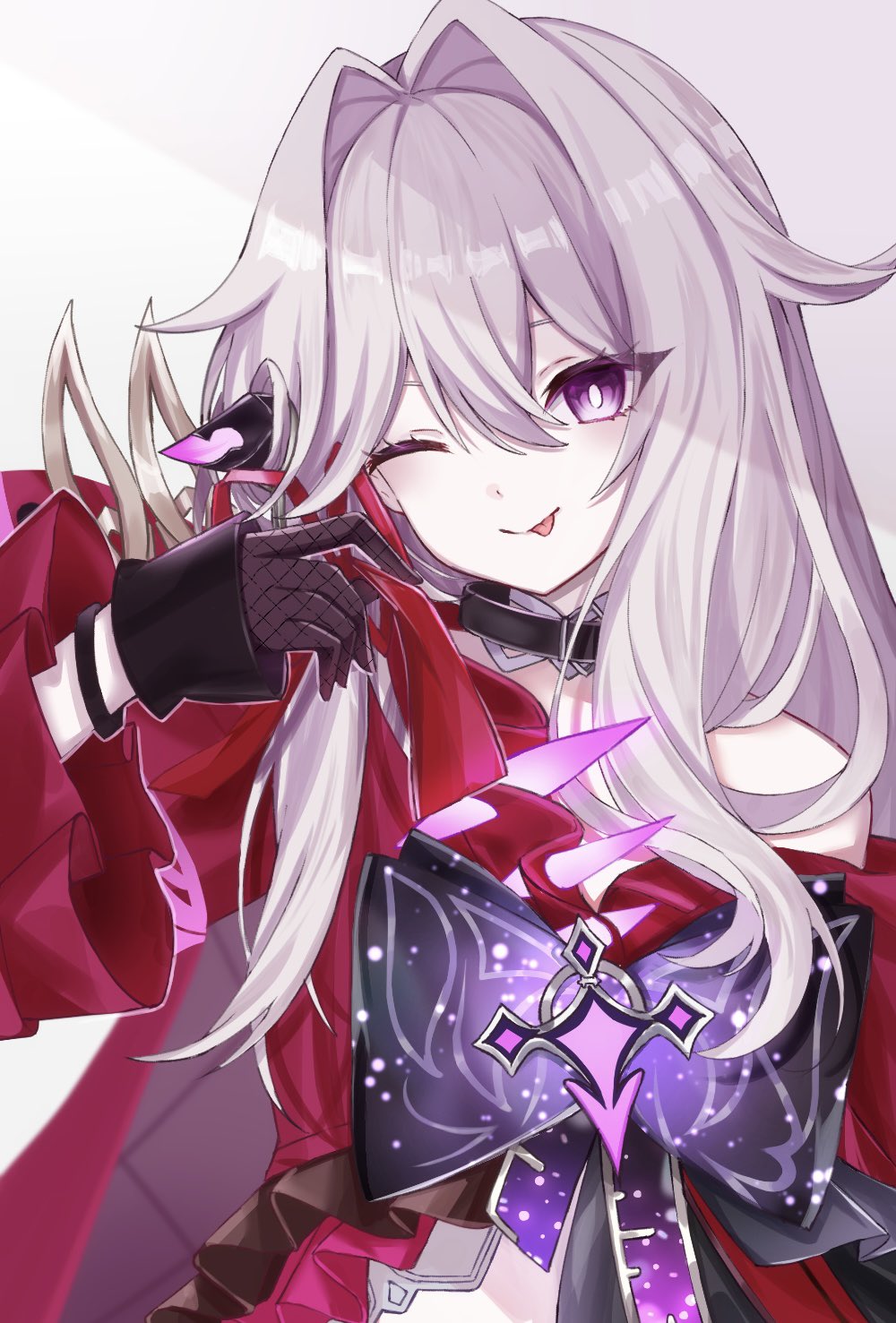1girl arm_up black_choker black_gloves bracelet bright_pupils choker cross gloves hair_ornament highres holding holding_ribbon honkai_(series) honkai_impact_3rd jacket jewelry long_hair long_sleeves looking_at_viewer one_eye_closed purple_ribbon red_jacket red_ribbon ribbon ribbon_hair_ornament single_bare_shoulder smile smirk tdatnst thelema_(honkai_impact) tongue tongue_out upper_body very_long_hair violet_eyes white_hair white_pupils