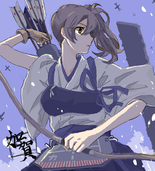 1girl aircraft airplane arrow_(projectile) bad_arm bad_drawr_id bad_id bow_(weapon) breasts brown_eyes brown_hair closed_mouth flight_deck gloves holding holding_bow_(weapon) holding_weapon japanese_clothes kaga_(kancolle) kantai_collection megamegaglass muneate oekaki partially_fingerless_gloves purple_background quiver side_ponytail skirt small_breasts solo standing weapon yellow_eyes yugake