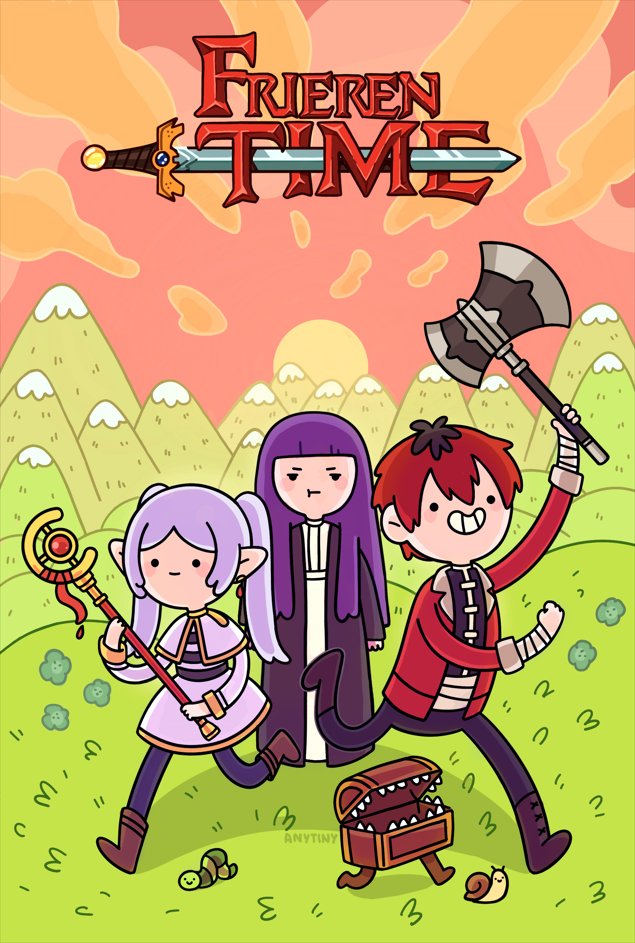 1boy 2girls adventure_time anytiny blunt_bangs breasts capelet closed_mouth dress earrings elf fern_(sousou_no_frieren) frieren grey_hair holding holding_staff jacket jewelry long_hair long_sleeves mimic mimic_chest multiple_girls parody parted_bangs pointy_ears purple_hair redhead shirt short_hair sousou_no_frieren staff stark_(sousou_no_frieren) straight_hair striped_clothes striped_shirt twintails white_capelet white_dress