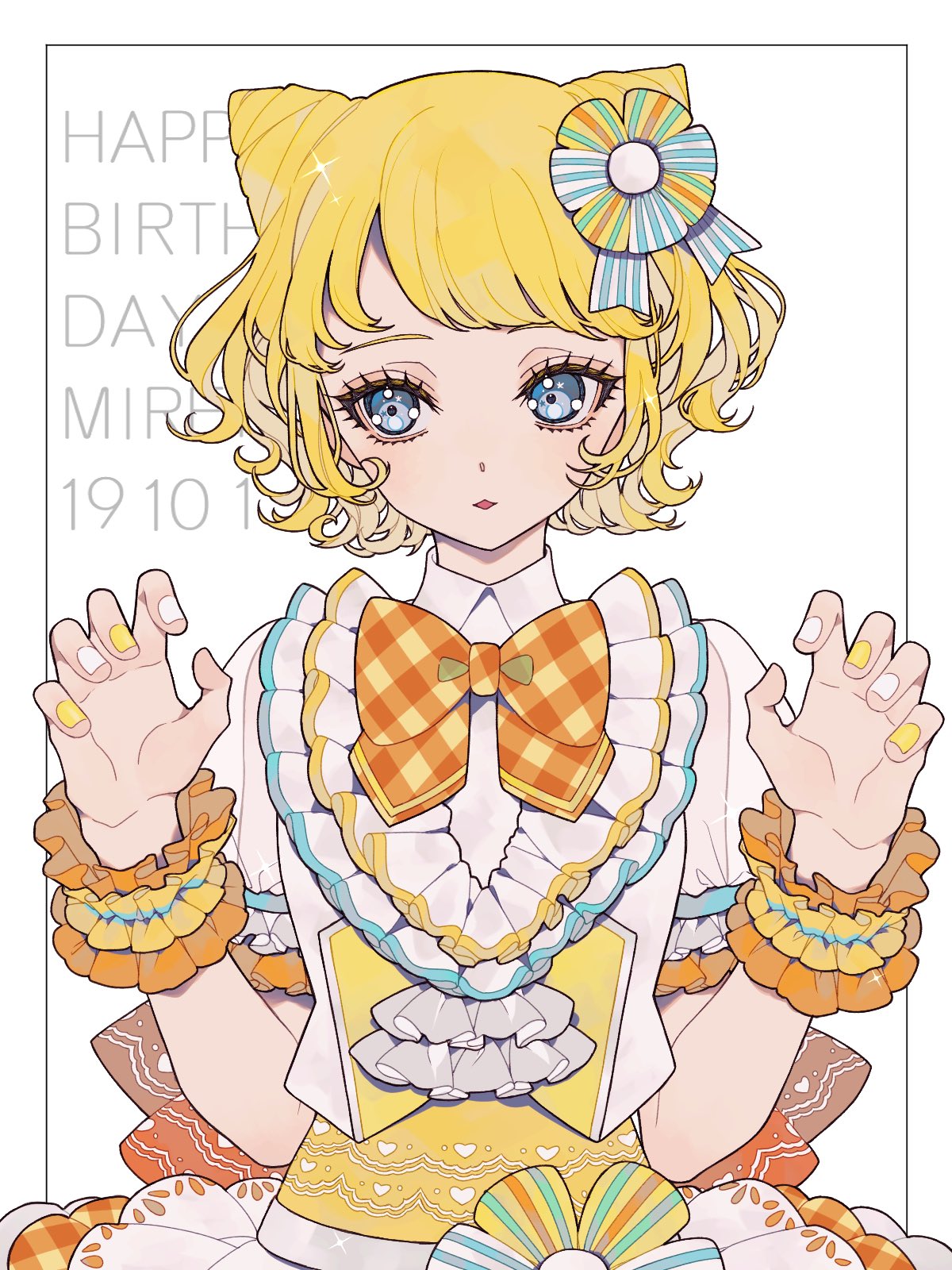 1girl ao_(ao0_0nemu) bad_id bad_twitter_id blonde_hair blue_eyes blunt_bangs bow bowtie character_name claw_pose commentary_request cone_hair_bun double_bun frilled_jacket frills hair_bun hair_ribbon hands_up happy_birthday highres idol_clothes jacket looking_to_the_side minami_mirei multicolored_nails nail_polish orange_bow orange_bowtie plaid plaid_bow pretty_series pripara puffy_short_sleeves puffy_sleeves ribbon shirt short_hair short_sleeves solo upper_body white_background white_shirt wrist_cuffs