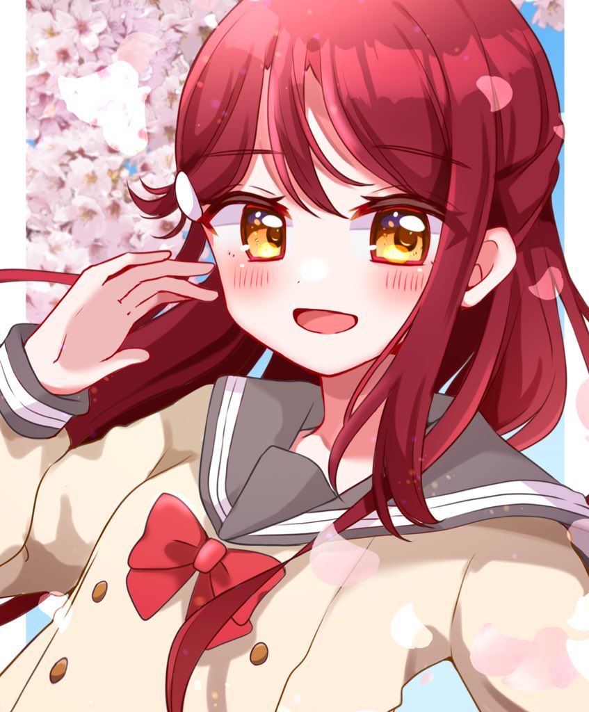 1girl :d blush bow braid breasts buttons cherry_blossoms commentary crown_braid double-breasted grey_sailor_collar hair_ornament hairclip long_hair long_sleeves looking_at_viewer love_live! love_live!_sunshine!! open_mouth red_bow redhead sailor_collar sakurauchi_riko sasanohasarasa school_uniform serafuku sleeve_cuffs smile solo uranohoshi_school_uniform yellow_eyes