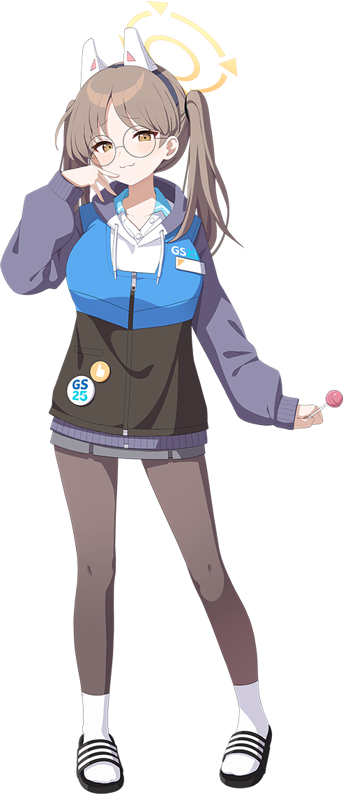1girl animal_ears black_pantyhose blue_archive breasts brown_eyes brown_hair candy closed_mouth collared_shirt employee_uniform fake_animal_ears food full_body glasses halo holding holding_candy holding_food large_breasts long_hair long_sleeves looking_at_viewer misyune moe_(blue_archive) official_art pantyhose rabbit_ears round_eyewear shirt slippers smile socks solo transparent_background twintails uniform white_shirt white_socks yellow_halo