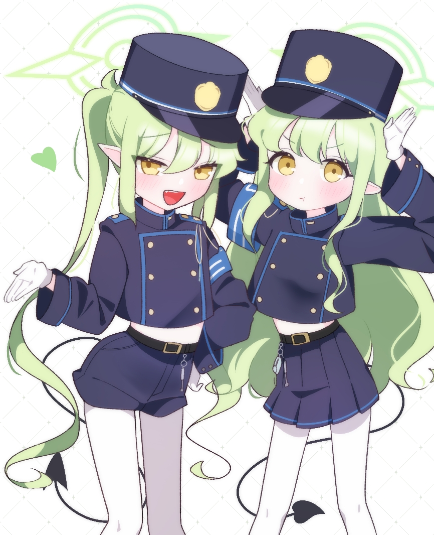 2girls belt black_belt black_hat black_shirt black_shorts black_skirt black_tail blue_archive blush closed_mouth demon_tail gloves green_hair green_halo hair_between_eyes halo hat heart highlander_sidelocks_conductor_(blue_archive) highlander_twintails_conductor_(blue_archive) lattes2 long_hair long_sleeves looking_at_viewer multiple_girls open_mouth pantyhose peaked_cap pleated_skirt pointy_ears shirt shorts skirt smile tail twintails white_gloves white_pantyhose yellow_eyes