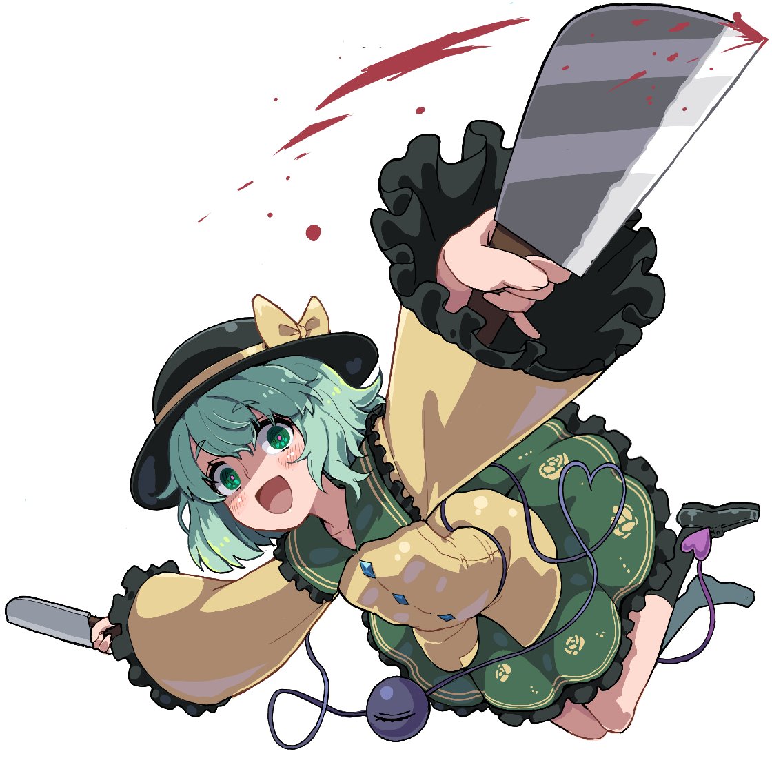1girl badluck2033 blood blush crazy_smile dual_wielding frilled_shirt_collar frilled_sleeves frills full_body green_eyes green_hair hat holding holding_knife knife komeiji_koishi looking_at_viewer open_mouth shirt short_hair simple_background smile solo third_eye touhou white_background yellow_shirt