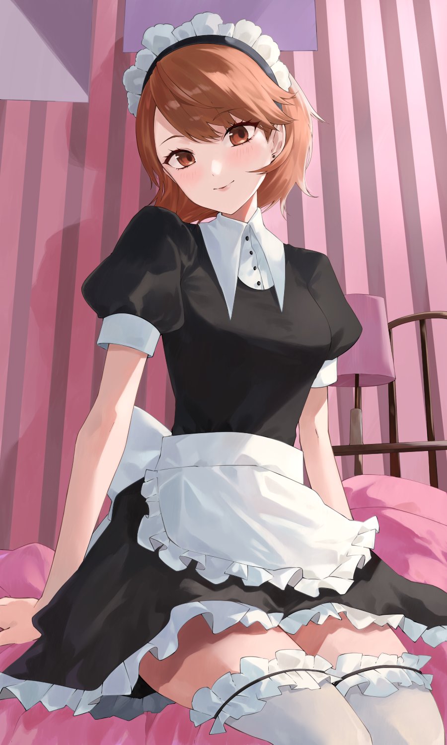 1girl apron arm_support bed bed_sheet black_dress blush brown_eyes brown_hair closed_mouth collared_shirt commentary cowboy_shot desk_lamp dress earrings frilled_apron frilled_thighhighs frills highres indoors jewelry juliet_sleeves konchi_(63438789) lamp long_sleeves looking_at_viewer maid maid_apron maid_headdress official_alternate_costume persona persona_3 persona_3_reload puffy_short_sleeves puffy_sleeves shirt short_dress short_hair short_sleeves sitting smile solo stud_earrings swept_bangs takeba_yukari thigh-highs white_apron white_shirt white_thighhighs zettai_ryouiki