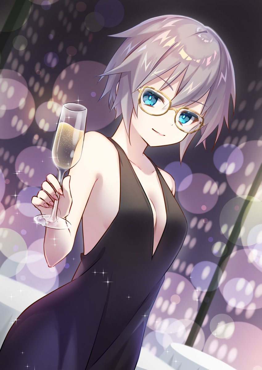 1girl black_dress blue_eyes breasts building champagne_flute collarbone cup date_a_live dress drinking_glass dutch_angle glasses grey_hair highres holding holding_cup honjou_nia indoors kuro_leika00x short_hair small_breasts solo table tablecloth