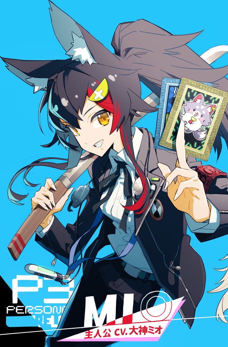1girl alternate_costume animal_ear_fluff animal_ears black_hair black_jacket black_pants blue_background card collared_shirt highres holding holding_card holding_sword holding_weapon hololive jacket long_hair looking_at_viewer miofa_(ookami_mio) multicolored_hair ookami_mio open_mouth pants persona persona_3 ponytail redhead shirt smile solo streaked_hair sword tamo_(gaikogaigaiko) virtual_youtuber weapon white_shirt wolf_ears wolf_girl yellow_eyes