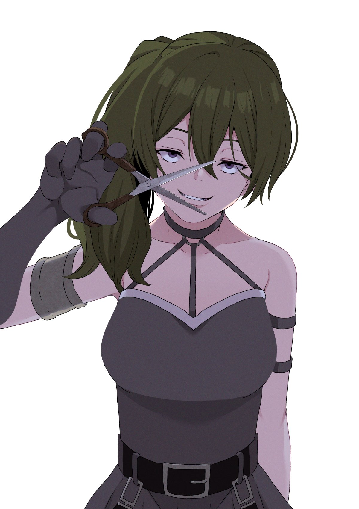 1girl arm_strap armlet black_choker black_dress black_gloves choker commentary dress gloves green_hair grin half-closed_eyes hand_up highres holding holding_scissors long_hair looking_at_viewer o-ring o-ring_choker parted_lips pleated_dress scissors side_ponytail simple_background single_glove smile solo sousou_no_frieren symbol-only_commentary ubel_(sousou_no_frieren) violet_eyes white_background yasehattagi