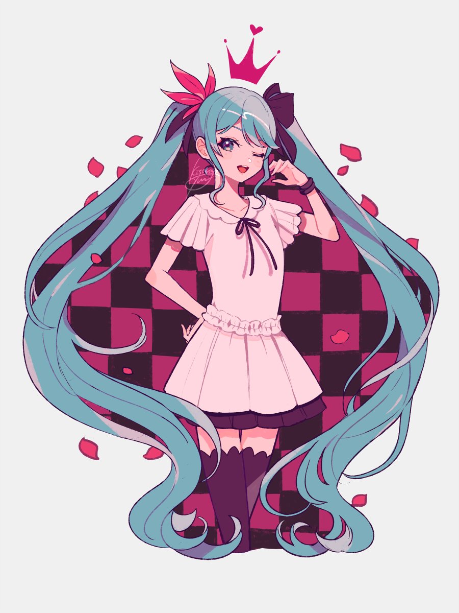 1girl aqua_eyes aqua_hair black_ribbon black_skirt black_thighhighs bracelet checkered_background commentary crown dress feather_hair_ornament feathers flower flower_on_head hair_ornament hair_ribbon hand_on_own_hip hatsune_miku heart highres jewelry kisaragi_yuu_(fallen_sky) long_hair open_mouth petals project_diva_(series) red_feathers ribbon signature skirt supreme_(module) thigh-highs twintails very_long_hair vocaloid white_dress world_is_mine_(vocaloid)