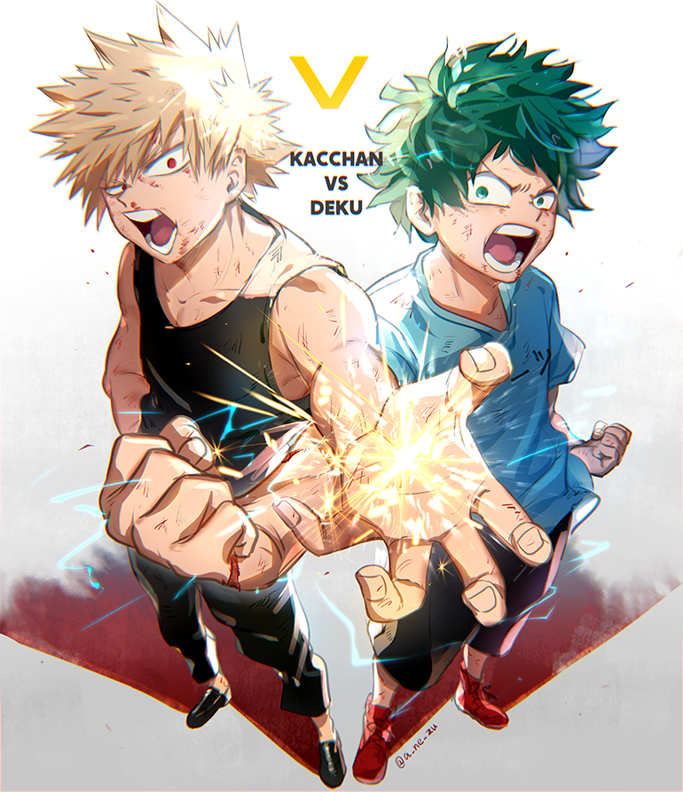 2boys anezu bakugou_katsuki bare_arms bare_shoulders black_footwear black_pants black_tank_top blonde_hair blood blood_on_face blue_shirt blurry boku_no_hero_academia character_name chromatic_aberration clenched_hand collarbone commentary cross-laced_footwear cuts depth_of_field electricity fingernails floating_clothes foreshortening freckles from_above full_body furrowed_brow green_eyes green_hair green_pupils hand_up injury instagram_username looking_at_viewer looking_to_the_side male_focus midoriya_izuku multiple_boys nosebleed open_mouth outstretched_arm outstretched_hand pants pixiv_username red_eyes red_footwear scar scar_on_arm scar_on_hand scratches serious shadow shirt shoes short_hair short_sleeves shorts side-by-side sideways_glance single_horizontal_stripe sleeveless sneakers sparks spiky_hair spoilers standing symmetrical_pose t-shirt tank_top twitter_username uneven_eyes v-shaped_eyebrows vs white_background