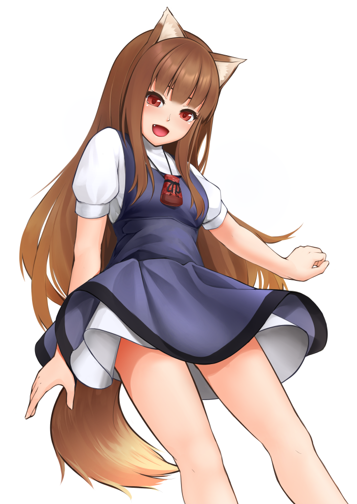 1girl :d animal_ear_fluff animal_ears arm_at_side blue_dress blunt_bangs blush brown_hair commentary dress eyebrows_hidden_by_hair fang feet_out_of_frame floating_clothes from_below hand_up happy holo jewelry kirishima_itsuki long_hair looking_at_viewer necklace open_mouth pinafore_dress pleated_skirt red_eyes shirt short_dress sidelocks simple_background skirt sleeveless sleeveless_dress smile solo spice_and_wolf standing straight_hair tail thighs very_long_hair white_background white_shirt wolf_ears wolf_girl wolf_tail