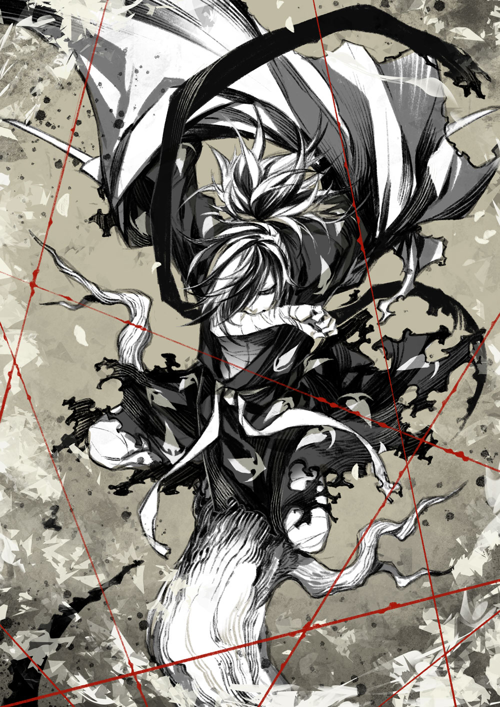 1boy amputee bandages commentary_request dororo_(tezuka) guest_art highres hyakkimaru_(dororo) japanese_clothes katana kimono long_hair male_focus miwa_shirow monochrome mouth_hold multicolored_hair ponytail solo spot_color sword two-tone_hair weapon