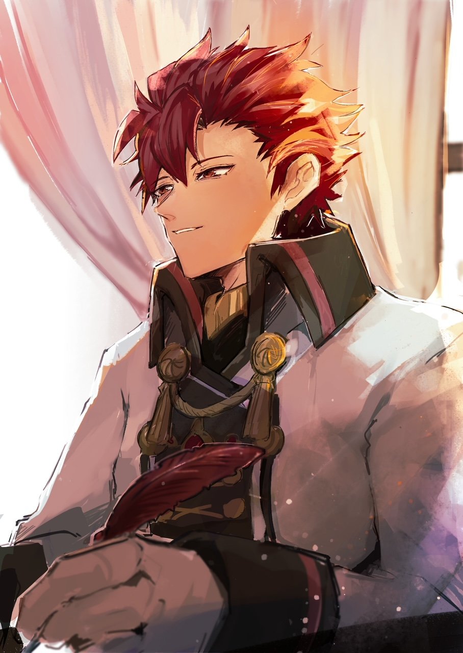 1boy alternate_costume aristocratic_clothes diamant_(fire_emblem) feathers fire_emblem fire_emblem_engage highres holding holding_quill kanikun03 male_focus quill red_eyes red_feathers redhead solo