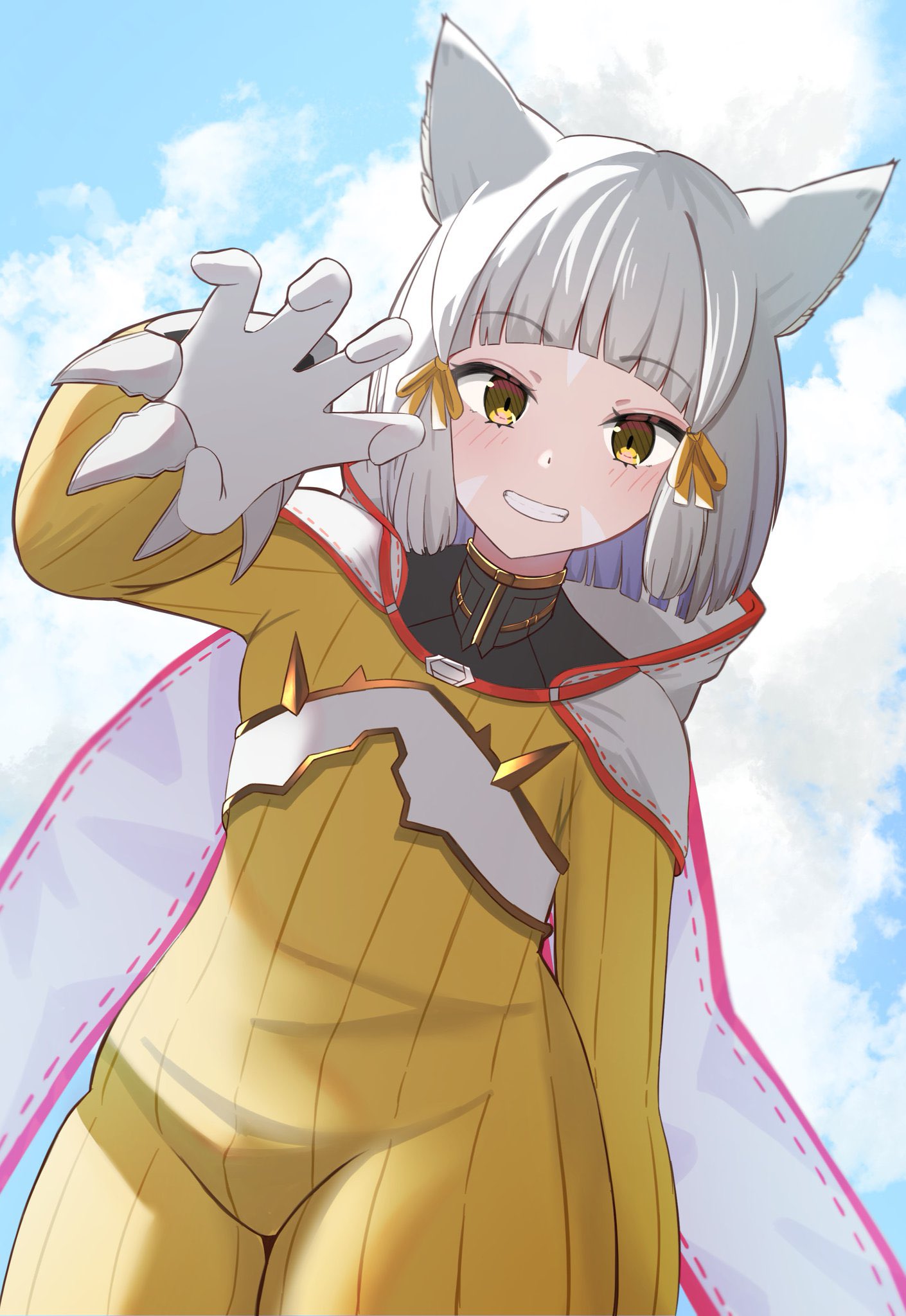 1girl animal_ears arched_bangs blue_sky cat_ears cat_girl claw_pose clouds commentary_request eteko_(eteco30) grey_hair highres jumpsuit looking_at_viewer medium_hair nia_(xenoblade) outdoors sky smile solo teeth xenoblade_chronicles_(series) xenoblade_chronicles_2 yellow_eyes yellow_jumpsuit